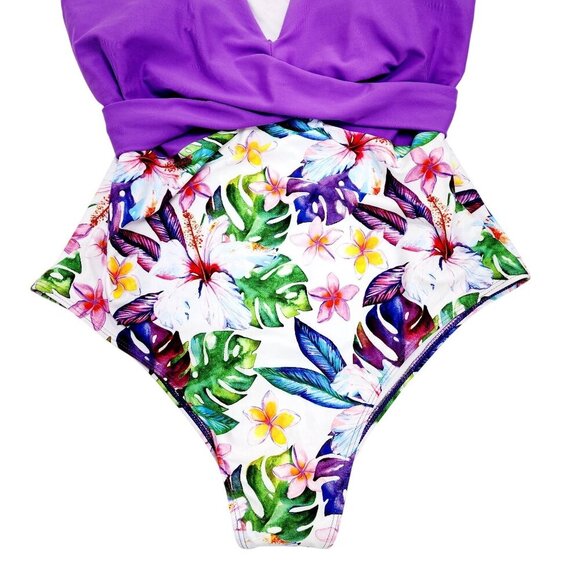 Womens Purple Floral One-Piece Swimsuit Binlowis Size XL Adjustable Straps - Picture 8 of 10